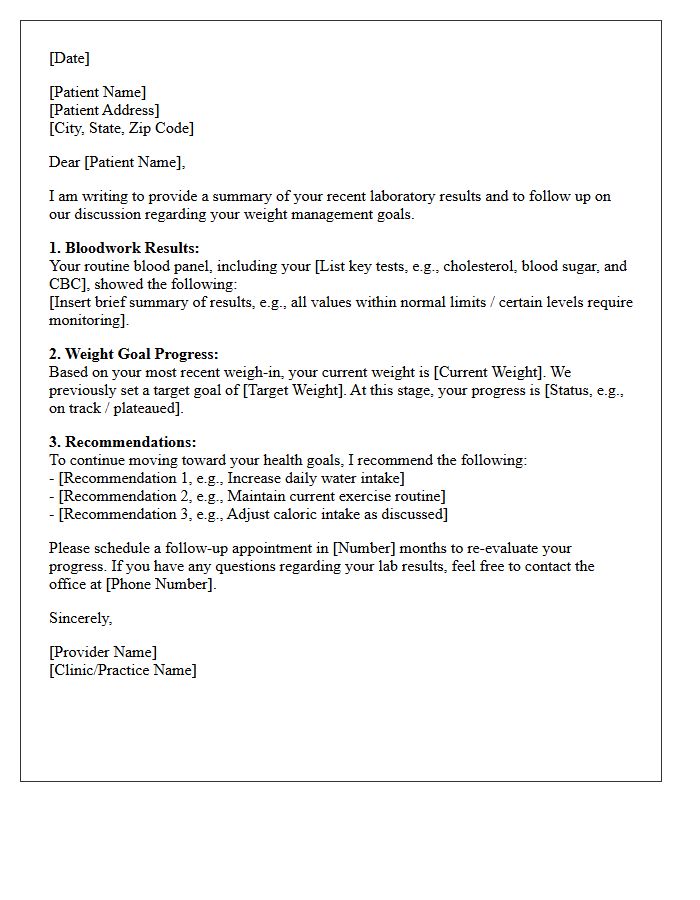 Routine Bloodwork and Weight Goal Review Letter
