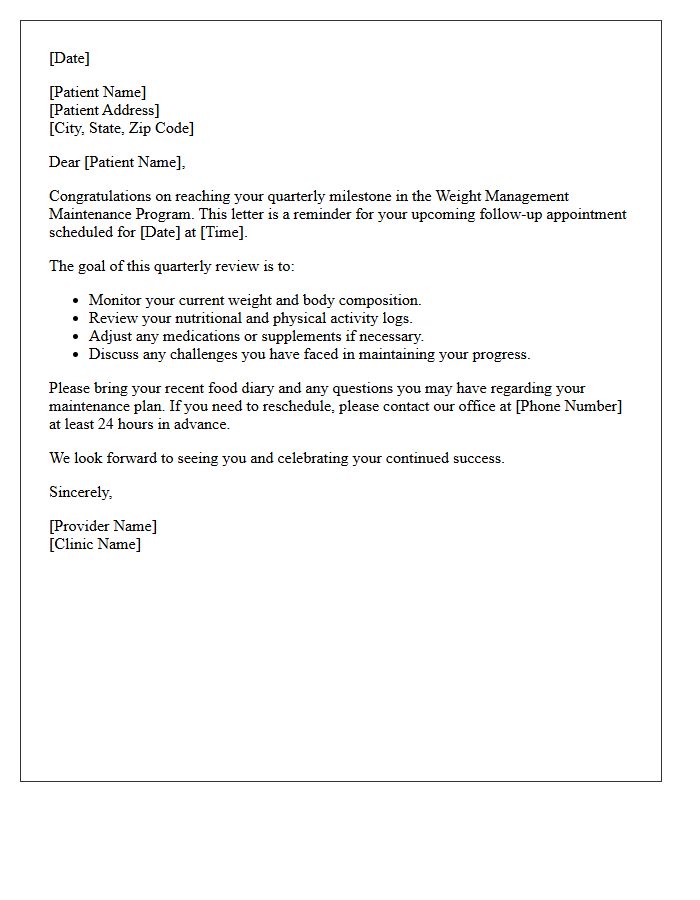 Quarterly Weight Management Maintenance Follow-Up Letter