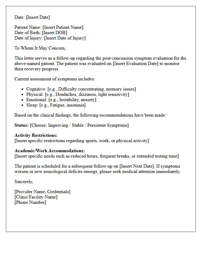 Post-Concussion Symptom Evaluation Follow-Up Letter