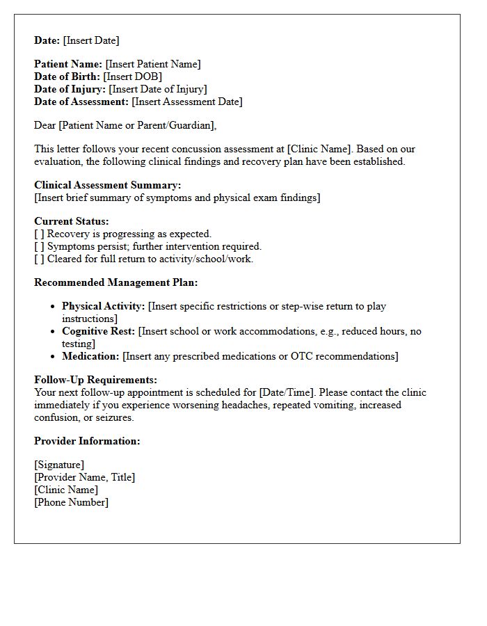 Medical Clinic Concussion Assessment Follow-Up Letter