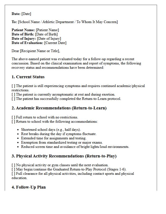 Pediatric Post-Concussion Recovery Evaluation Letter