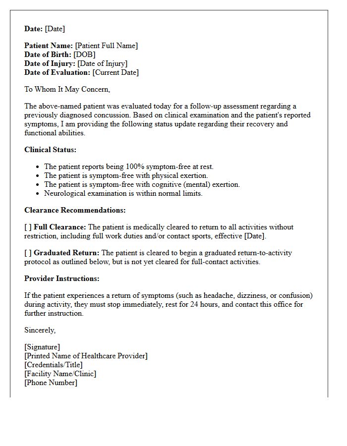 Adult Post-Concussion Symptom Clearance Follow-Up Letter