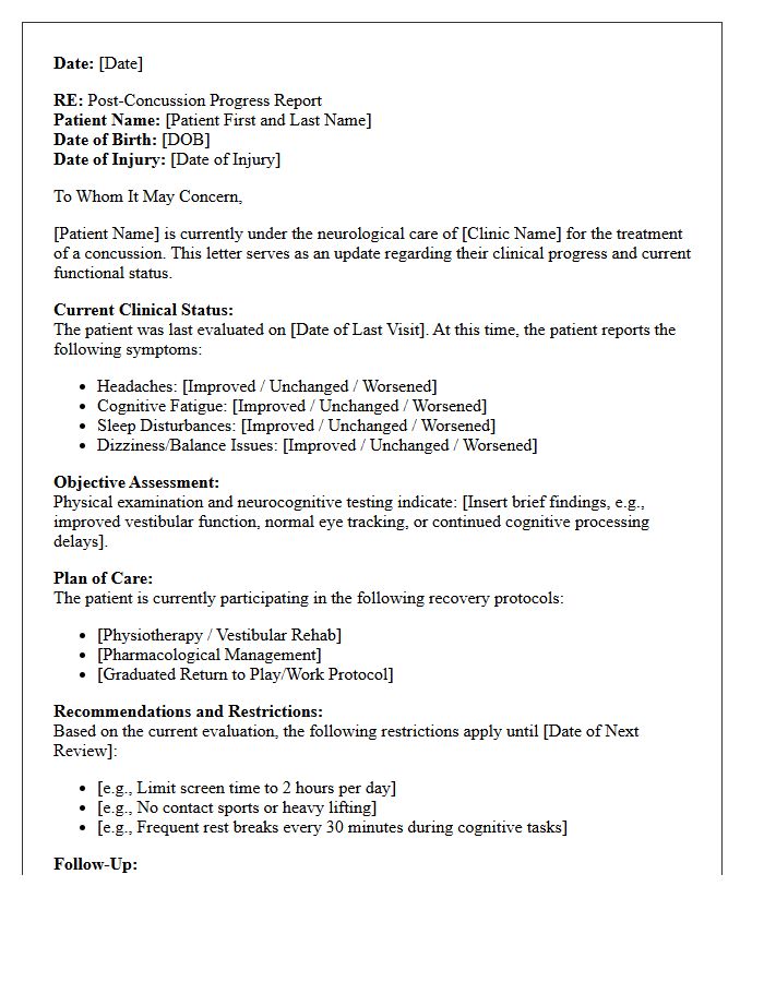 Neurological Clinic Post-Concussion Progress Letter