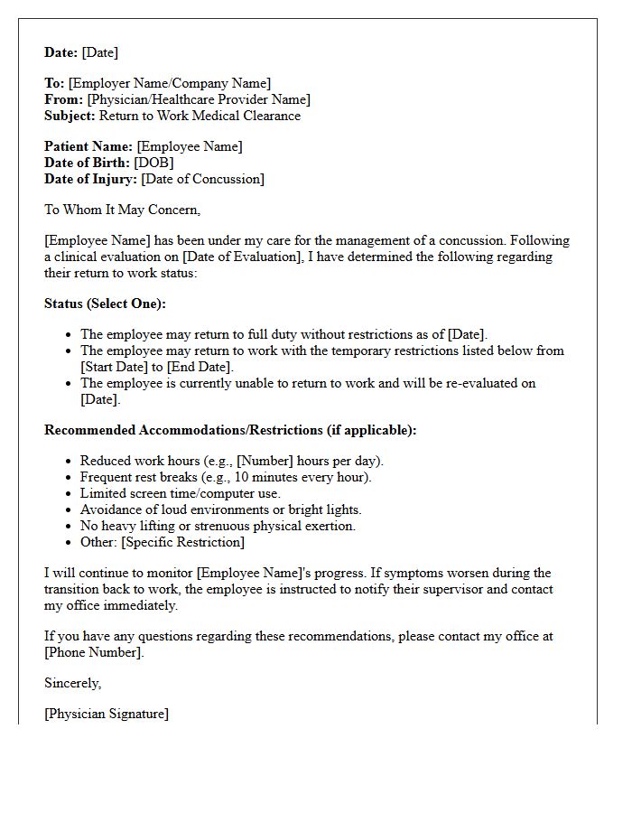Return to Work Post-Concussion Evaluation Letter