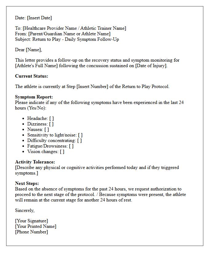 Return to Play Concussion Symptom Follow-Up Letter