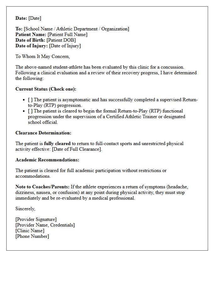 Sports Medicine Post-Concussion Clearance Letter