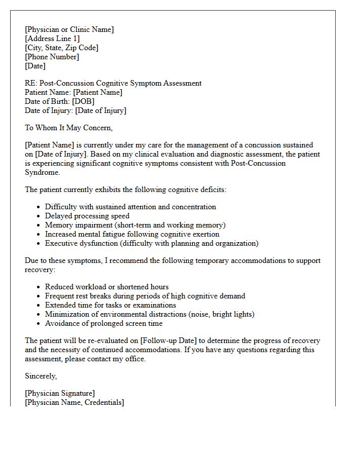 Post-Concussion Cognitive Symptom Assessment Letter