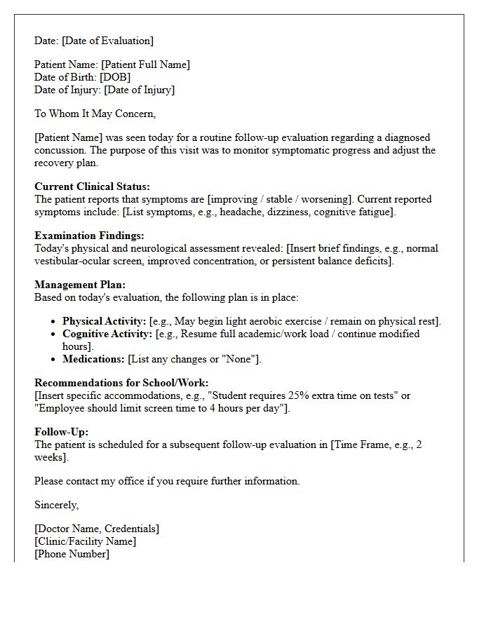 Concussion Specialist Routine Follow-Up Evaluation Letter