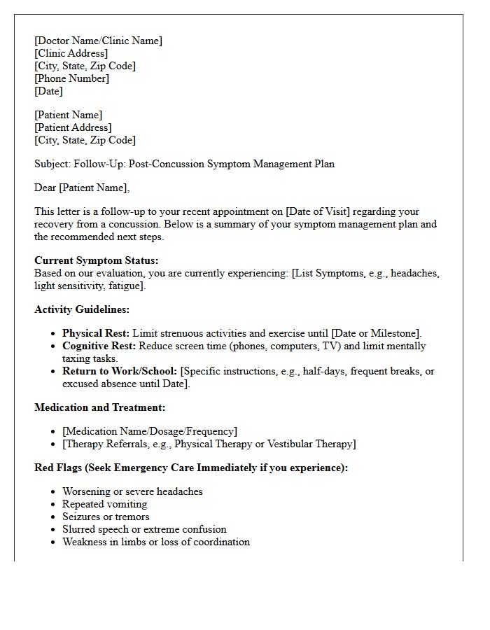 Post-Concussion Symptom Management Plan Follow-Up Letter