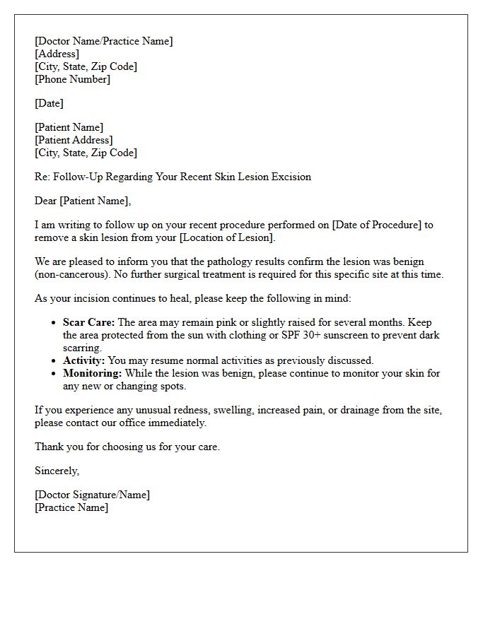 Benign Skin Lesion Excision Healing Follow-Up Letter