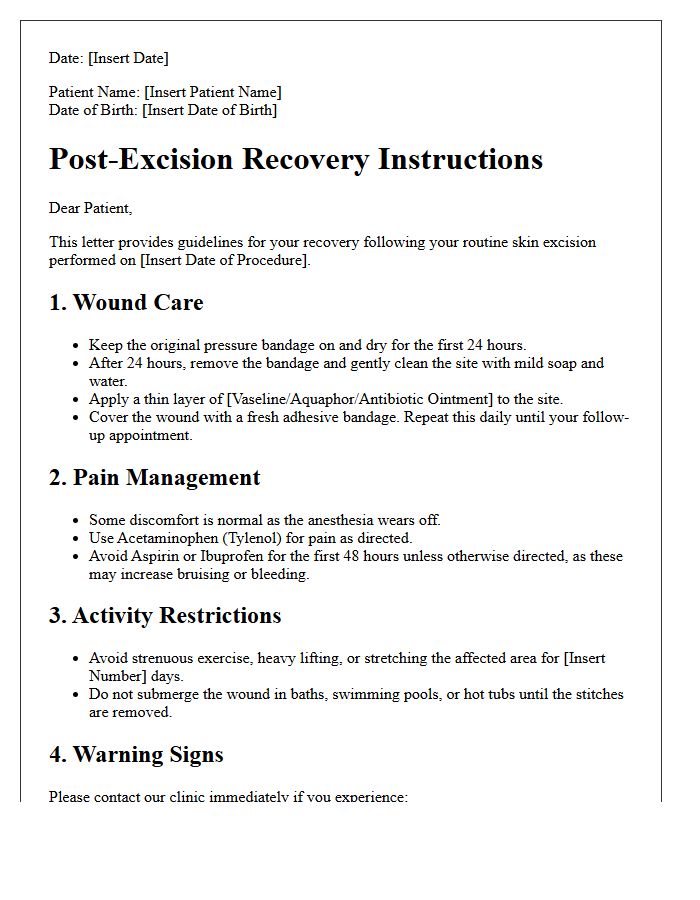 Dermatology Clinic Routine Excision Recovery Letter