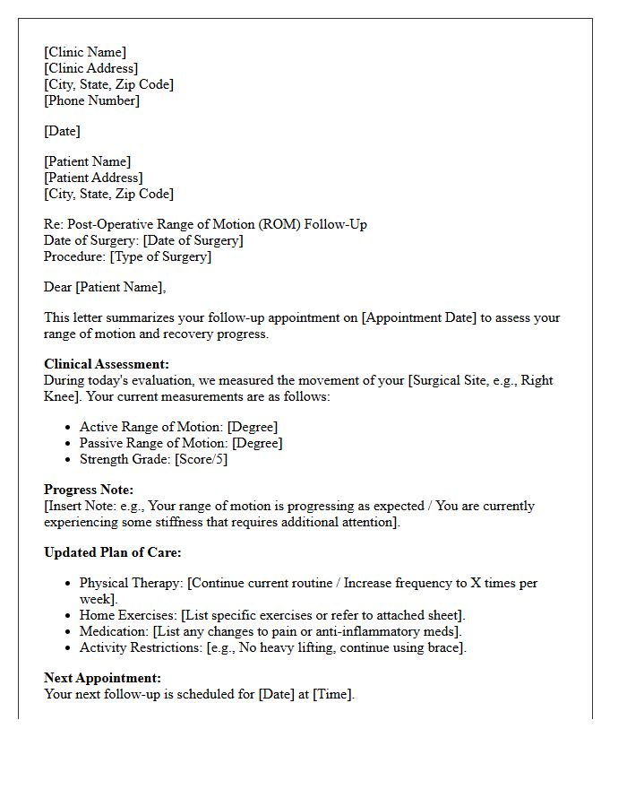 Post-Operative Range of Motion Clinic Follow-Up Letter