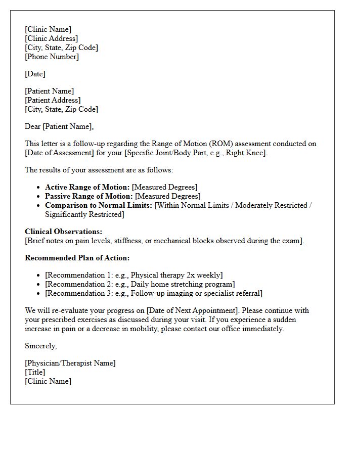 Orthopedic Clinic Range of Motion Assessment Follow-Up Letter