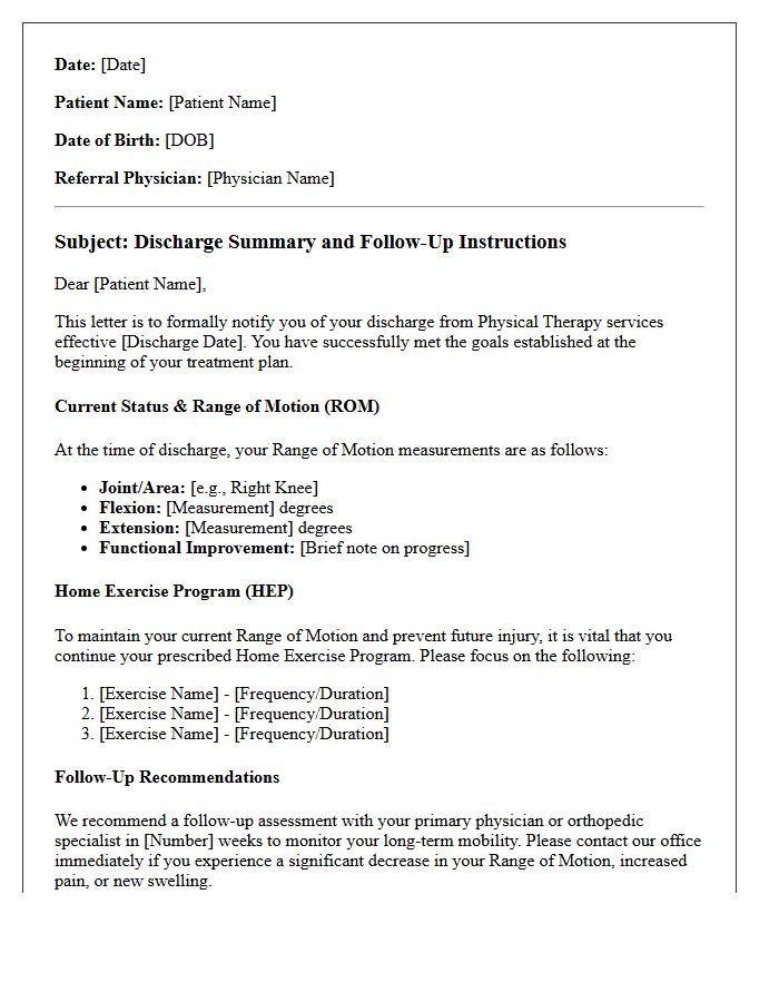 Physical Therapy Discharge and Range of Motion Follow-Up Letter