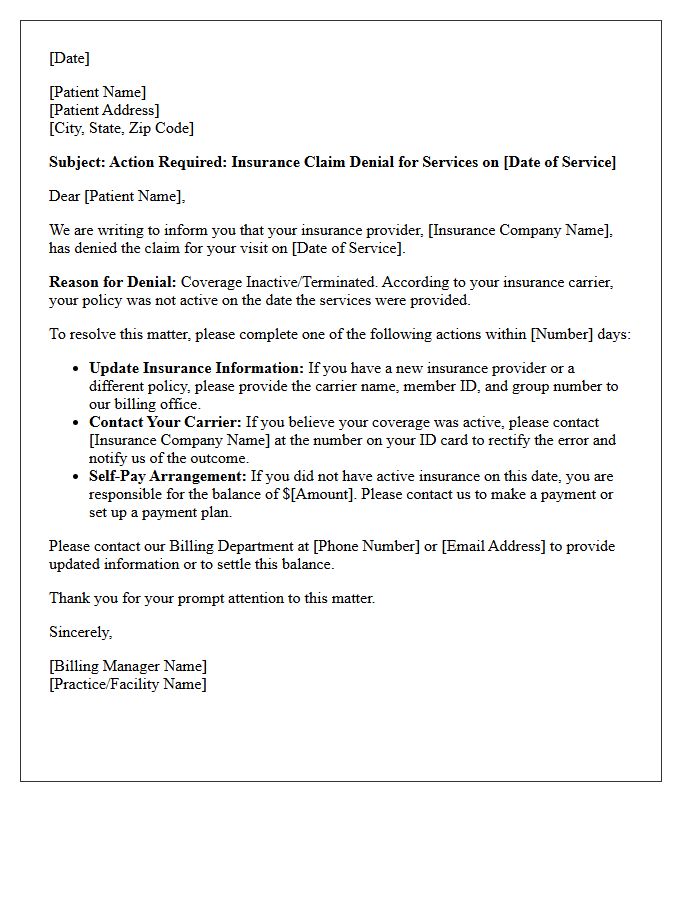 Inactive Coverage Claim Denial Patient Action Letter