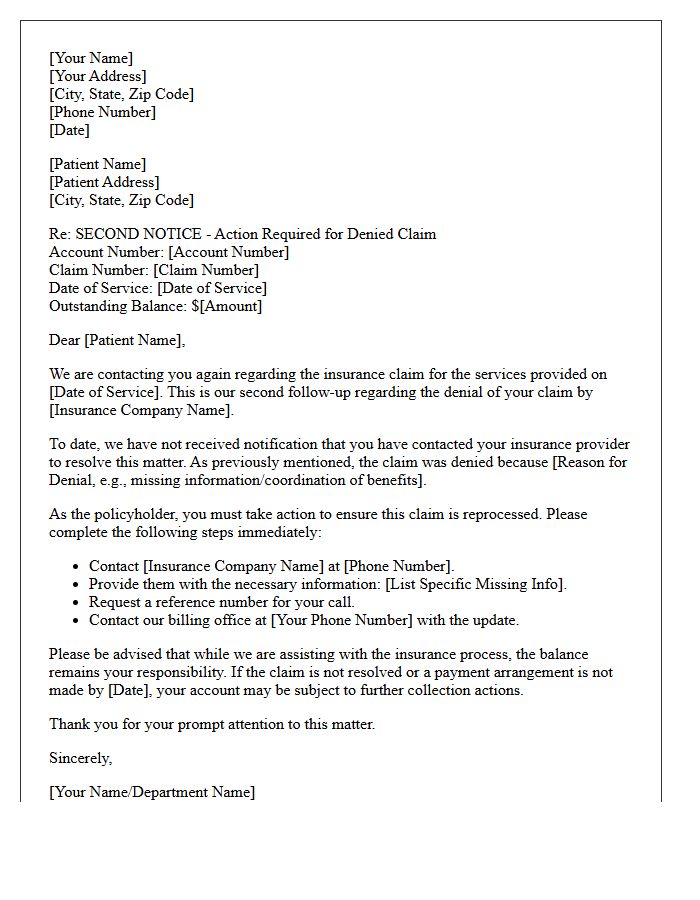 Second Follow-Up Letter For Denied Claim Patient Action