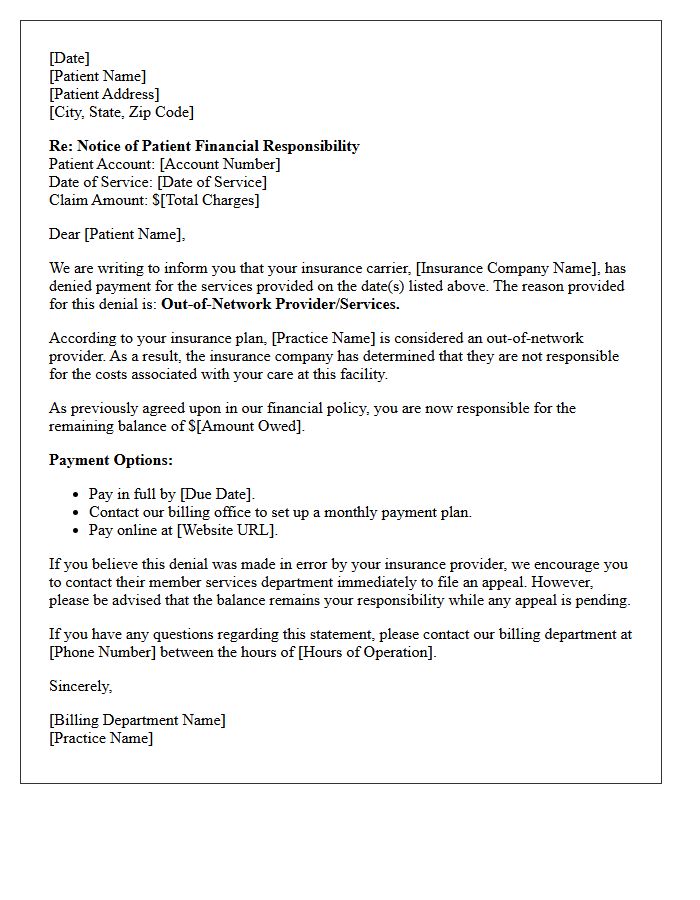 Out Of Network Denial Patient Financial Responsibility Letter