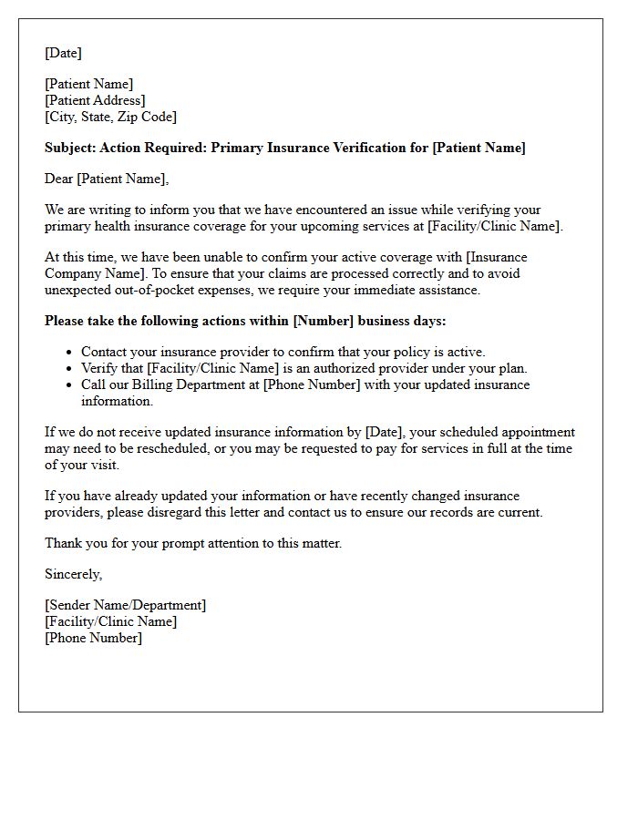 Primary Insurance Verification Patient Action Letter