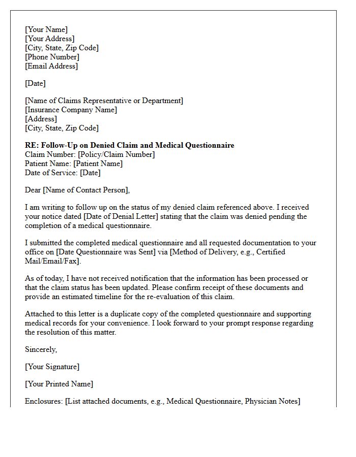Denied Claim Medical Questionnaire Follow-Up Letter