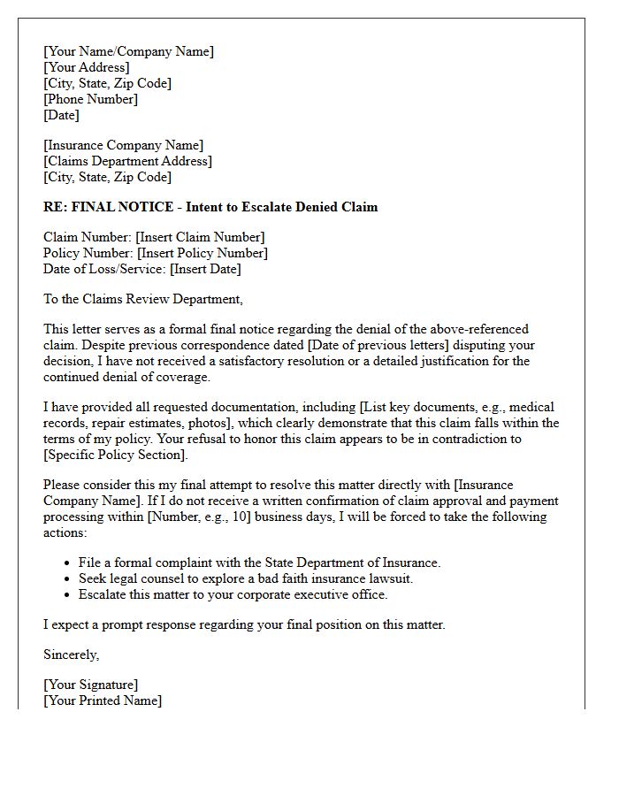 Final Notice Follow-Up Letter For Denied Claim Action