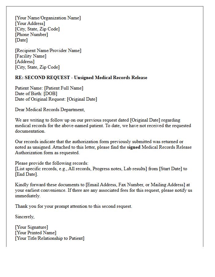 Second Request Unsigned Medical Records Release Follow-Up Letter