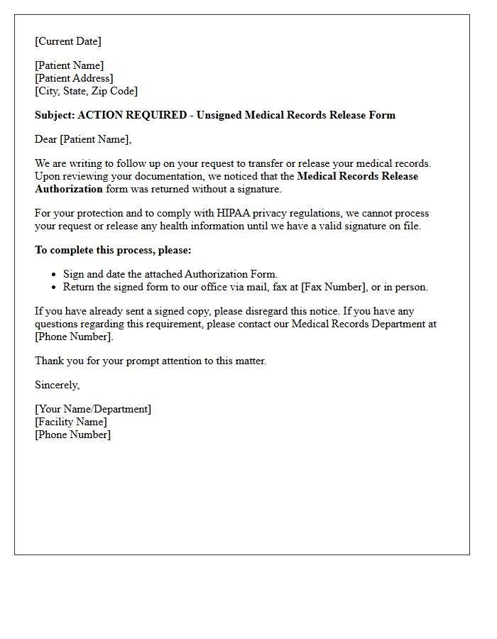 Action Required Unsigned Medical Records Release Follow-Up Letter