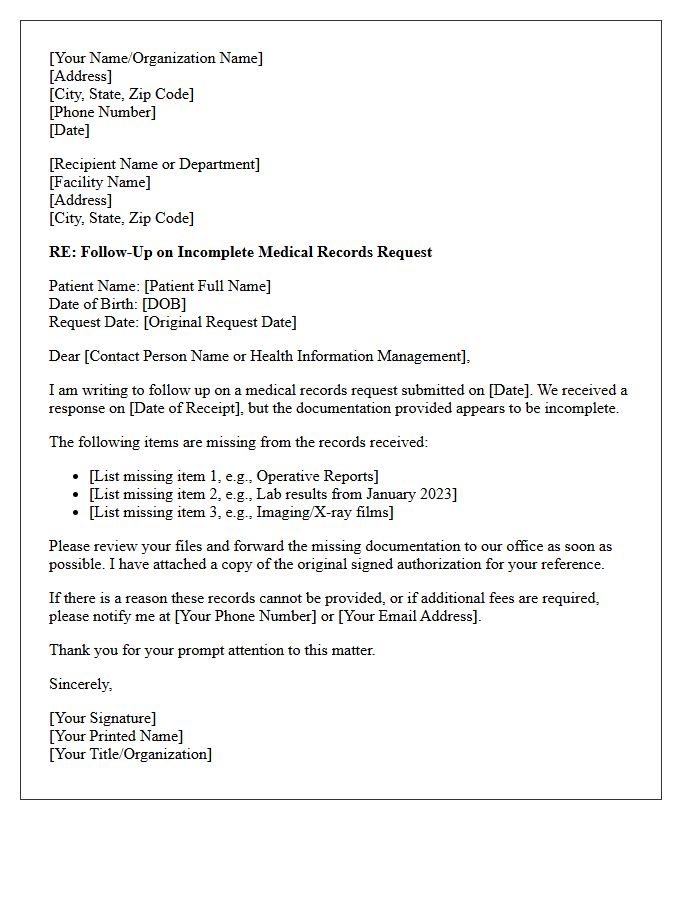 Incomplete Document Medical Records Release Follow-Up Letter