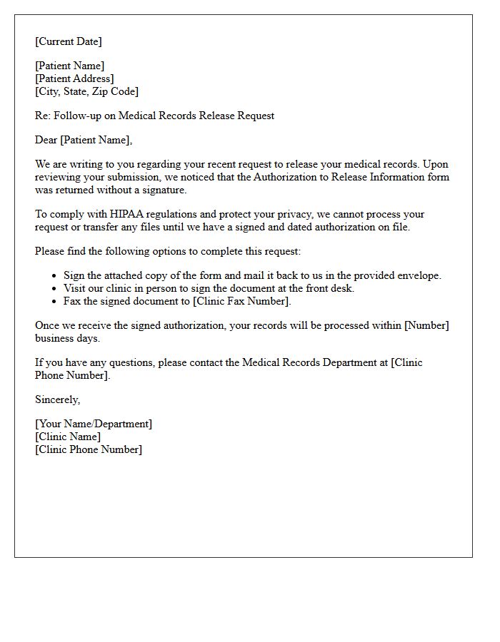 Clinic Administration Unsigned Medical Records Release Follow-Up Letter