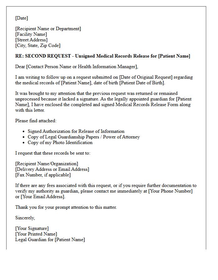 Legal Guardian Unsigned Medical Records Release Follow-Up Letter