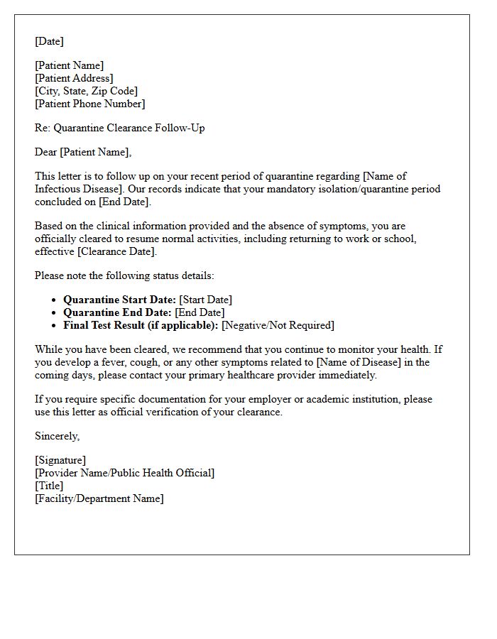 Standard Infectious Disease Quarantine Clearance Follow-Up Letter