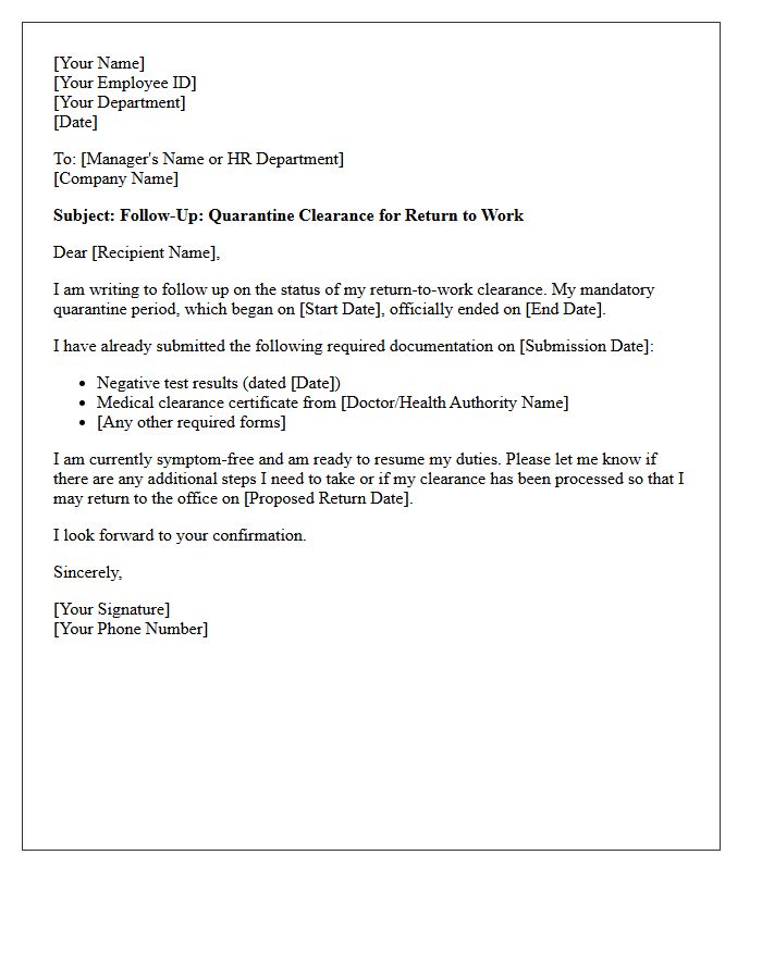 Return To Work Quarantine Clearance Follow-Up Letter