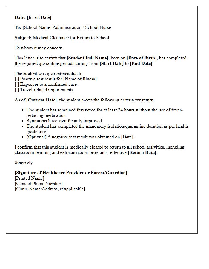 Student Return To School Quarantine Clearance Letter