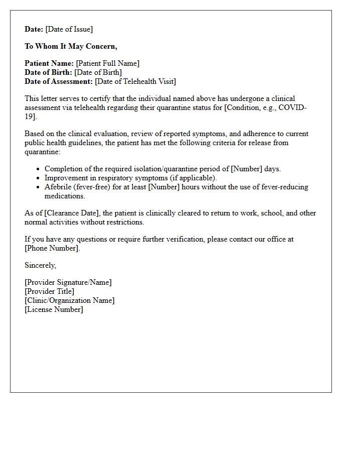 Telehealth Assessment Quarantine Clearance Letter