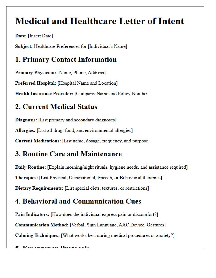Medical and Healthcare Preferences Letter of Intent for Special Needs Guardians
