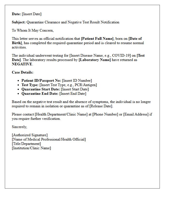 Negative Test Result Quarantine Clearance Letter