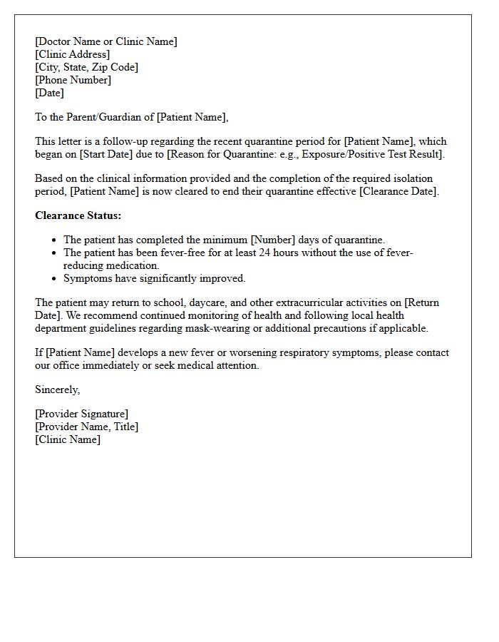 Pediatric Patient Quarantine Clearance Follow-Up Letter