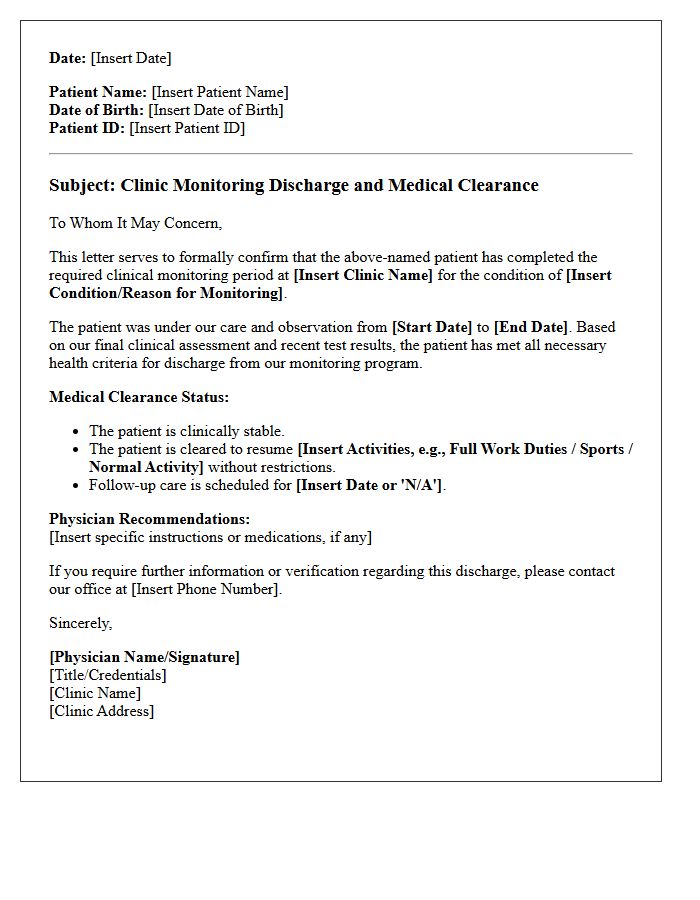 Clinic Monitoring Discharge And Clearance Letter