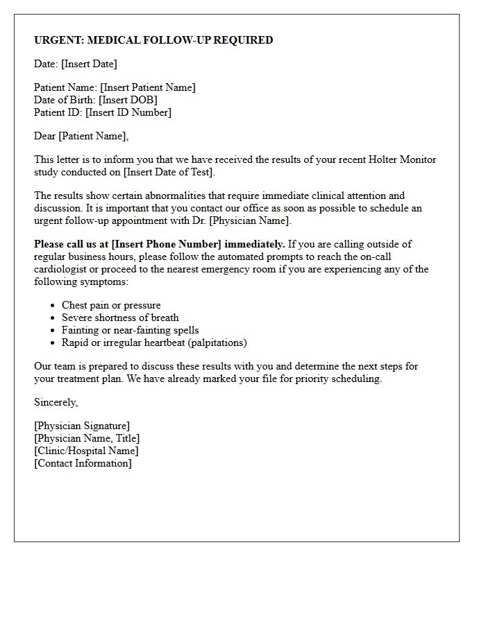 Urgent Abnormal Cardiac Holter Monitor Results Follow-Up Letter
