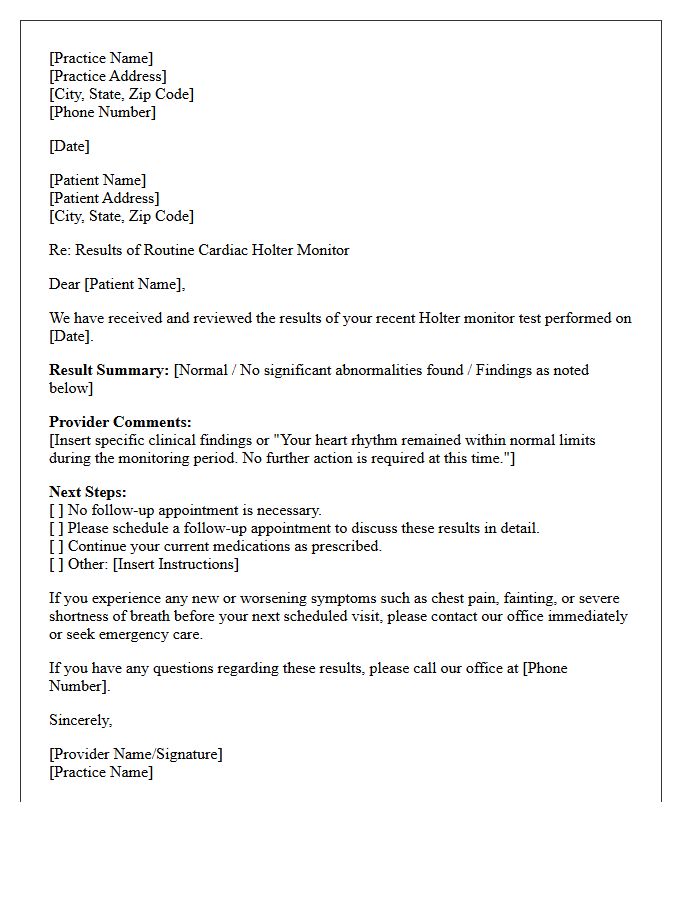 Routine Cardiac Holter Monitor Results Patient Notification Letter