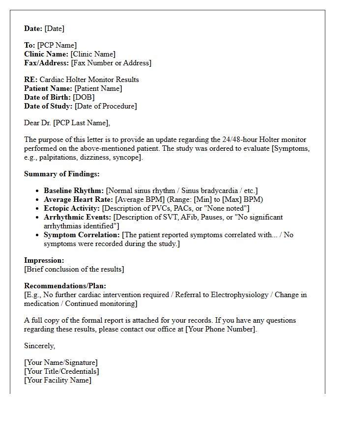 Cardiac Holter Monitor Results Primary Care Physician Update Letter