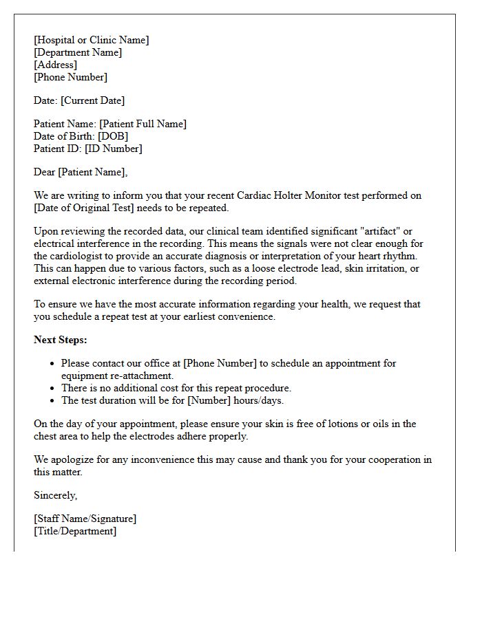 Equipment Artifact Cardiac Holter Monitor Repeat Test Letter