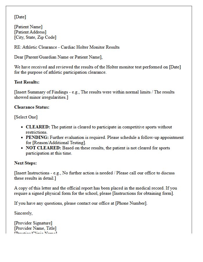 Athletic Clearance Cardiac Holter Monitor Results Follow-Up Letter