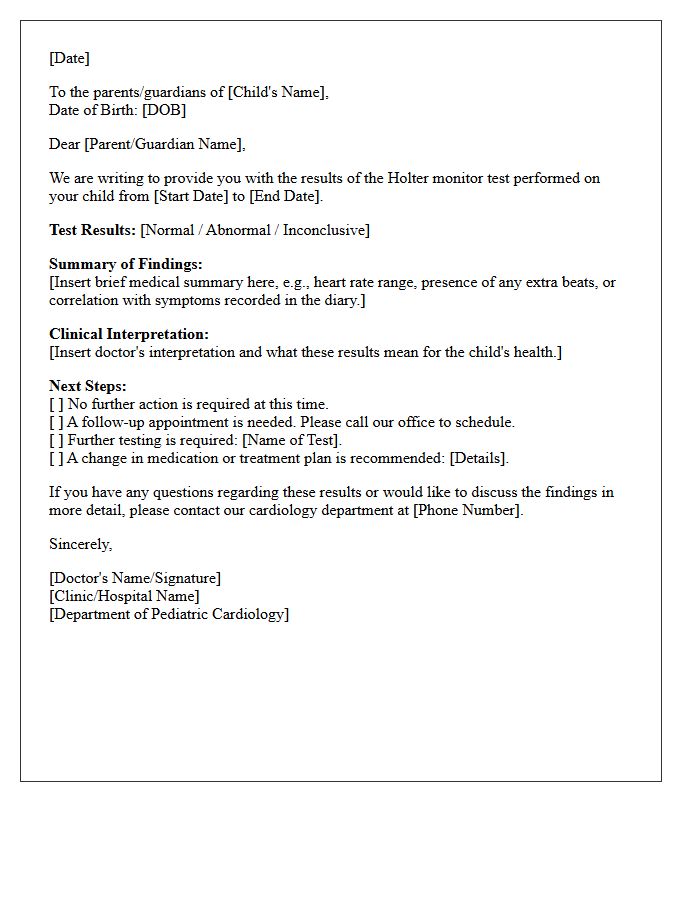 Pediatric Cardiac Holter Monitor Results Parent Notification Letter
