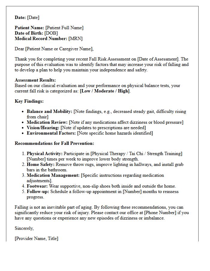 Geriatric Fall Risk Assessment Results and Recommendations Letter