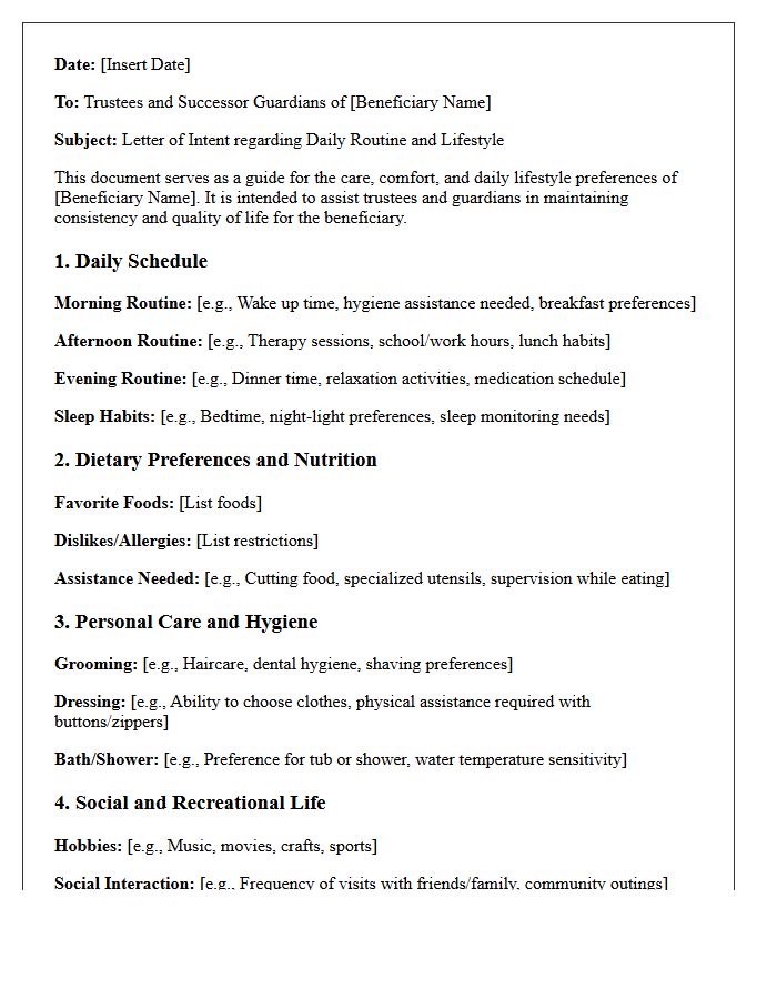 Daily Routine and Lifestyle Letter of Intent for Special Needs Trust Guardianship