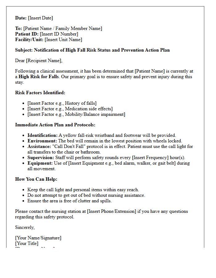High Fall Risk Prevention Protocol and Action Plan Letter