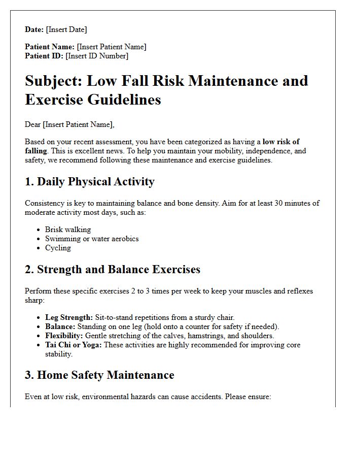 Low Fall Risk Maintenance and Exercise Guidelines Letter