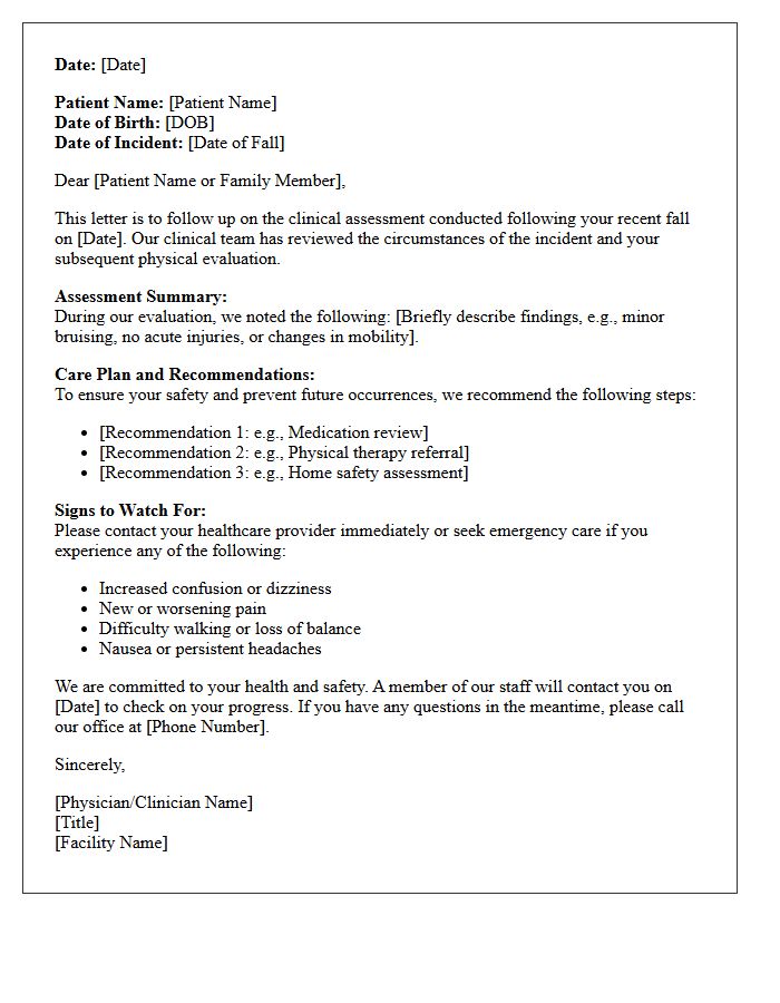 Post-Fall Incident Clinical Assessment Follow-Up Letter