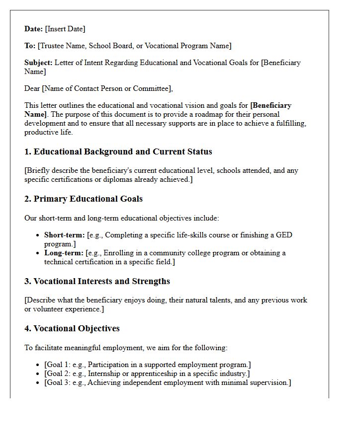Educational and Vocational Goals Letter of Intent for Special Needs Beneficiaries