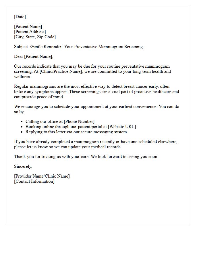 Gentle Reminder Preventative Mammogram Screening Letter